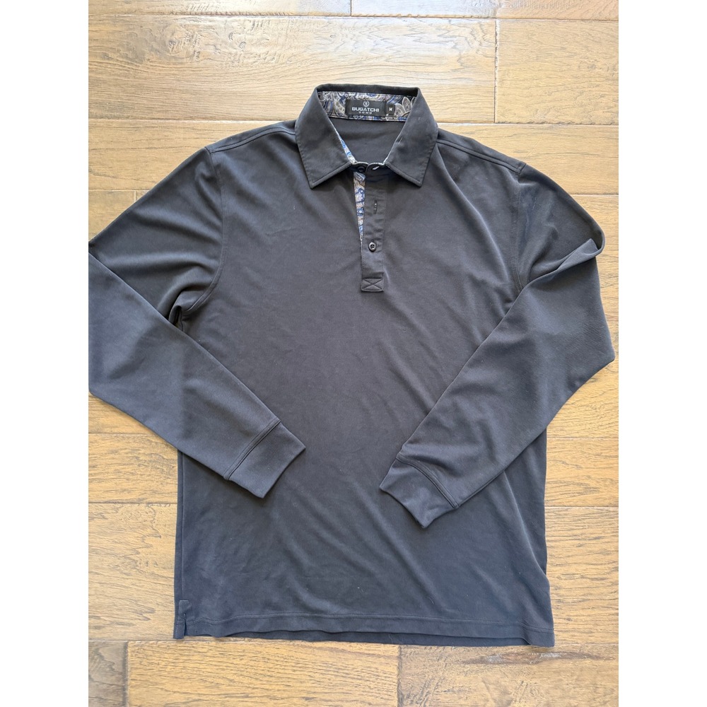 Bugatchi Uomo Men's Long Sleeve Polo Shirt Black Paisley Trim Size M